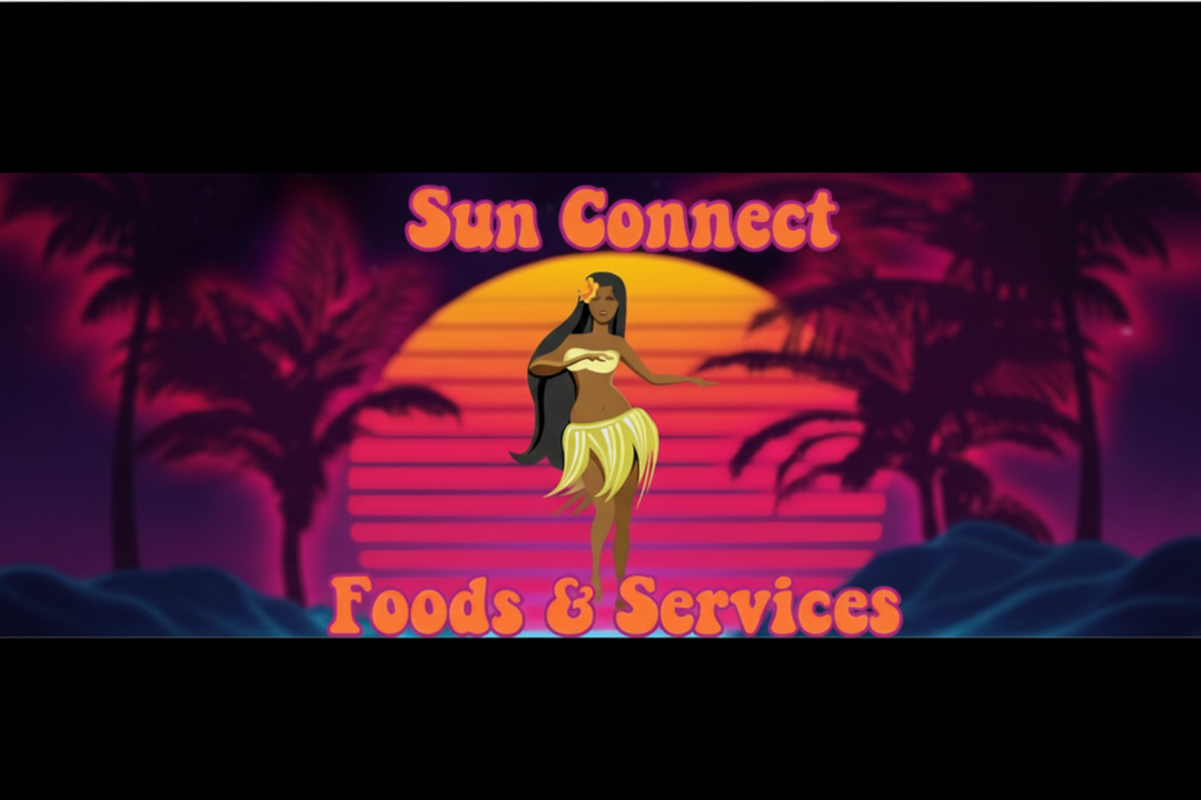 A stylized graphic with the text 'Sun Connect' at the top and 'Foods & Services' at the bottom, featuring a hula dancer in a yellow skirt against a sunset background with palm trees.