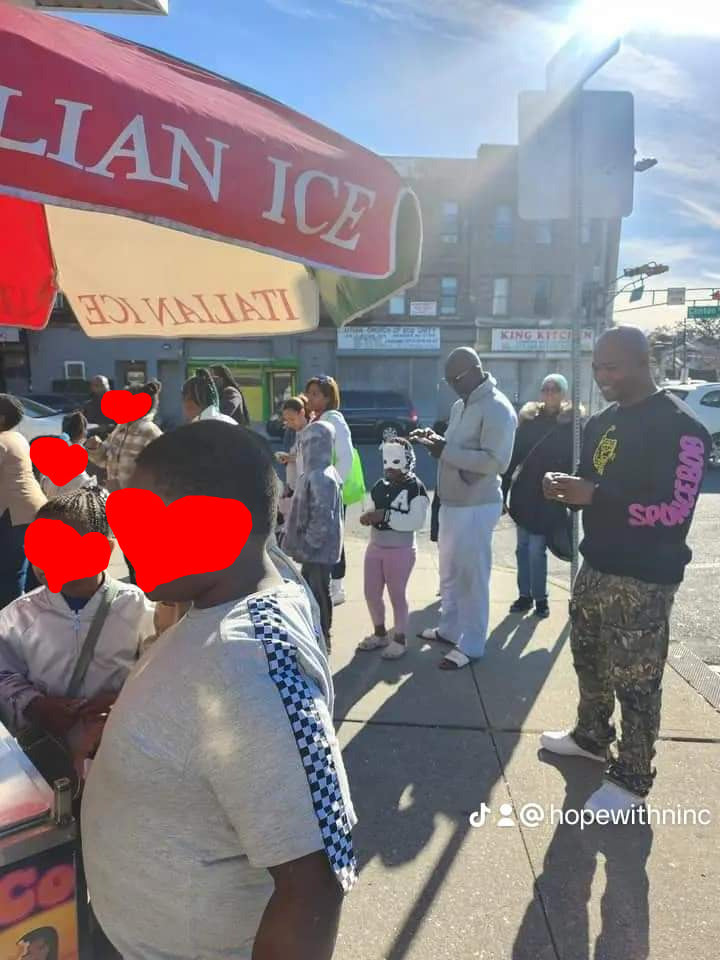 A TikTok post by user hopewithininc shows a public scene at a sidewalk ice stand with several people gathered under a red and beige awning that reads 'ITALIAN ICE.' Red hearts are drawn over minors'  faces for privacy as they wait for purchases from Sun Connect Foods & Services LLC, Keansburg, New Jersey.