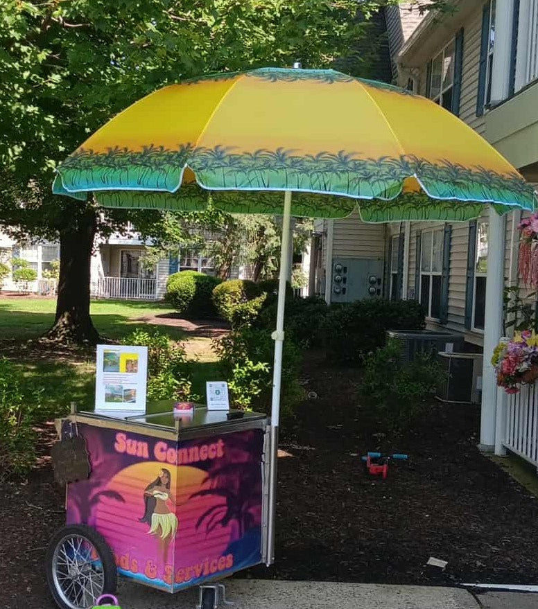 A colorful outdoor ice cream cart with a large yellow and green palm-patterned umbrella, parked on a sidewalk in front of a house. The cart has 'Sun Connect Food & Services' and 'Ice Cream' printed on it.